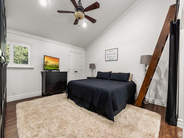3228 N Brook Ln W, Provo, UT 84604 - bedroom featuring vaulted ceiling, dark wood-style floors, crown molding, a closet, and a ceiling fan