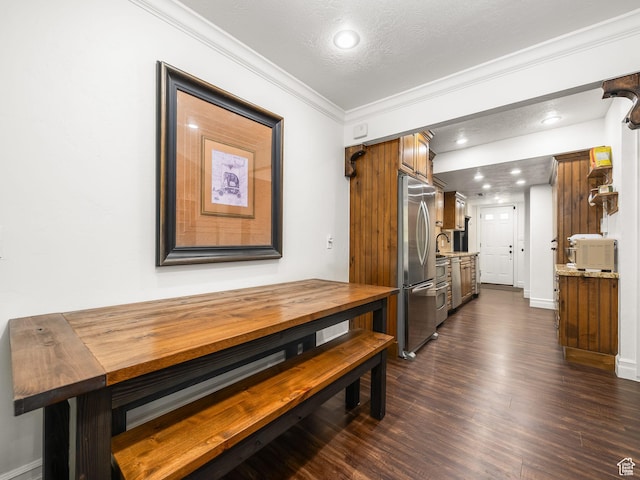 3228 N Brook Ln W, Provo, UT 84604 - dining area with recessed lighting, ornamental molding, and dark wood-type flooring