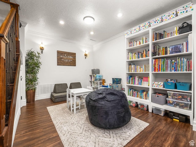3228 N Brook Ln W, Provo, UT 84604 - sitting room with wood finished floors, crown molding, a textured ceiling, stairs, and recessed lighting