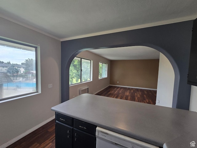 4480 S Atherton Dr Unit 22, Taylorsville, UT 84123 - kitchen with arched walkways, dishwasher, dark wood-style floors, ornamental molding, and dark cabinetry