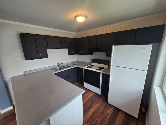 4480 S Atherton Dr Unit 22, Taylorsville, UT 84123 - kitchen featuring freestanding refrigerator, range with electric stovetop, extractor fan, dark wood finished floors, and dark cabinetry