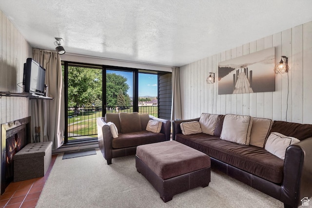 2176 S Bear Blvd # 421, Garden City, UT 84028 - tiled living area with wooden walls, a lit fireplace, and a textured ceiling