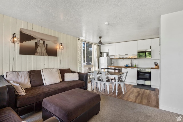 2176 S Bear Blvd # 421, Garden City, UT 84028 - carpeted living room featuring wood walls and a textured ceiling