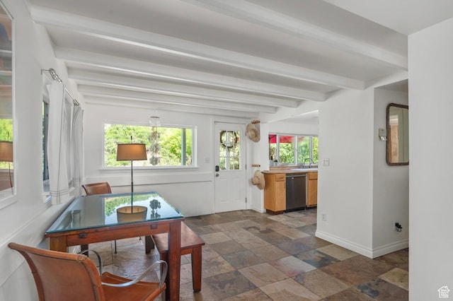 1155 N Pinecrest Canyon Rd, Salt Lake City, UT 84108 - interior space with stone tile flooring, beamed ceiling, and healthy amount of natural light