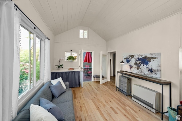 1155 N Pinecrest Canyon Rd, Salt Lake City, UT 84108 - living area with light wood-style flooring, wooden ceiling, and high vaulted ceiling