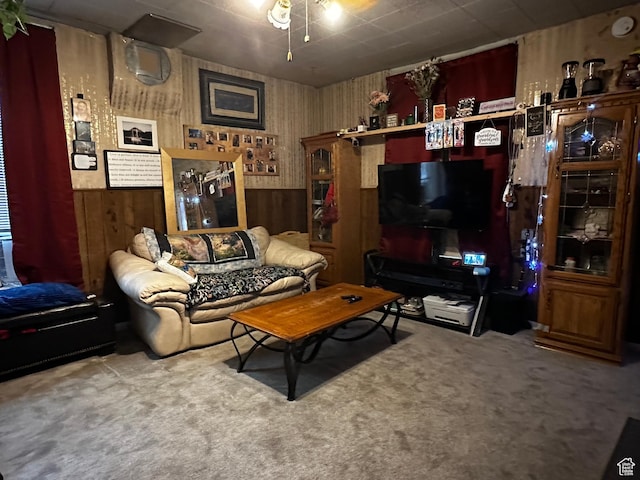 59 S S 400 E, American Fork, UT 84003 - living room featuring carpet flooring, wooden walls, and a wainscoted wall