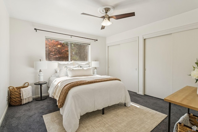 1112 E 2700 S Unit C17, Salt Lake City, UT 84106 - bedroom with carpet floors, two closets, and ceiling fan