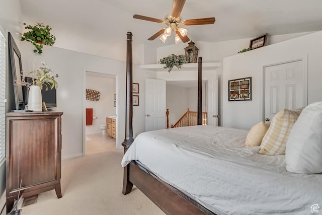 5149 W Rendezvous, Mountain Green, UT 84050 - bedroom featuring light carpet, lofted ceiling, ensuite bathroom, and ceiling fan