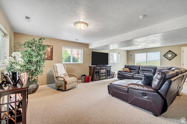 5149 W Rendezvous, Mountain Green, UT 84050 - carpeted living area featuring healthy amount of natural light and a textured ceiling