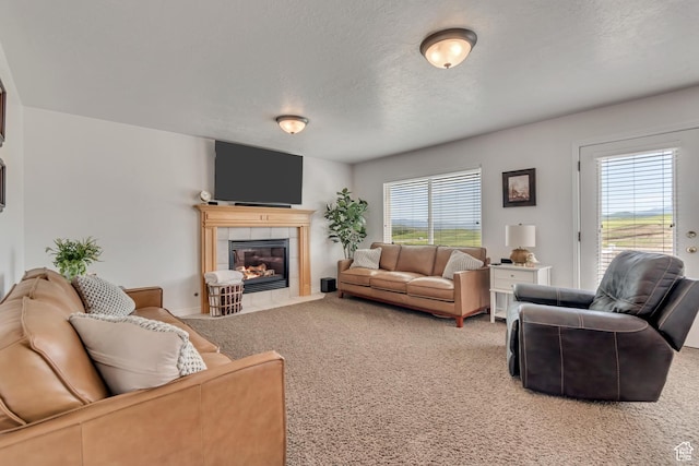 5149 W Rendezvous, Mountain Green, UT 84050 - living area featuring a fireplace, light carpet, healthy amount of natural light, and a textured ceiling