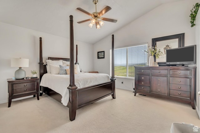 5149 W Rendezvous, Mountain Green, UT 84050 - bedroom featuring light colored carpet, high vaulted ceiling, and a ceiling fan