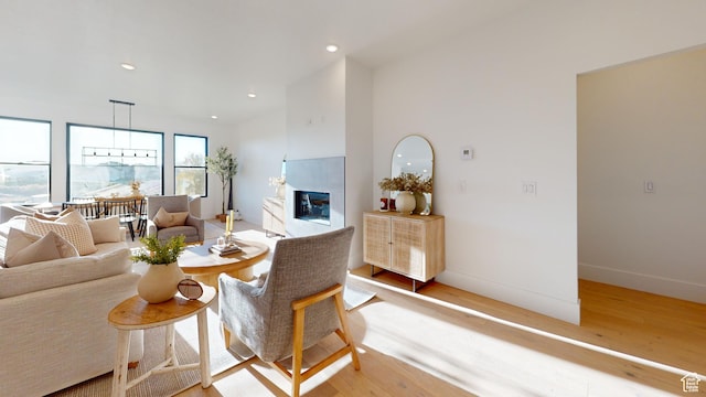 683 N Heritage St, Mapleton, UT 84664 - living area featuring light wood-style floors, a fireplace, and recessed lighting