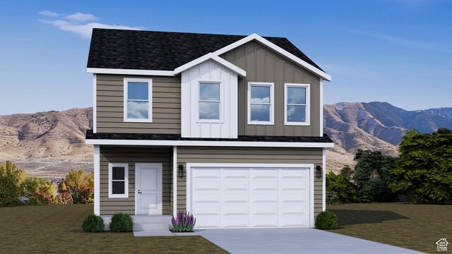 2392 E Woodbury Ln Unit 551, Eagle Mountain, UT 84005 - traditional-style house featuring board and batten siding, a mountain view, concrete driveway, a garage, and a front yard