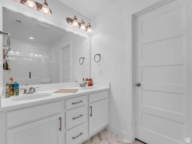 5251 W Linley Ct, Herriman, UT 84096 - full bath featuring double vanity, marble look tile flooring, and a shower stall