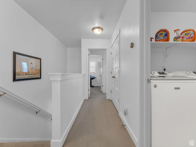 5251 W Linley Ct, Herriman, UT 84096 - hall with light carpet, washer and dryer, and an upstairs landing