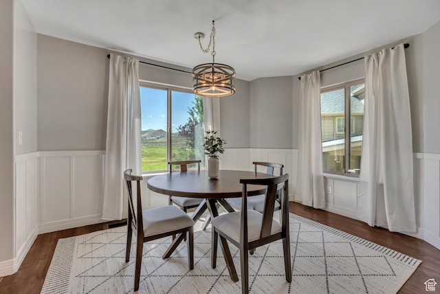 9209 N Prairie Dunes Way, Eagle Mountain, UT 84005 - dining room with a decorative wall, a chandelier, wainscoting, and wood finished floors