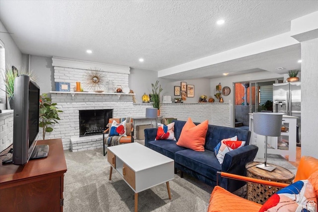 1543 E Spring Run Dr, Salt Lake City, UT 84117 - carpeted living room featuring a textured ceiling, recessed lighting, and a fireplace