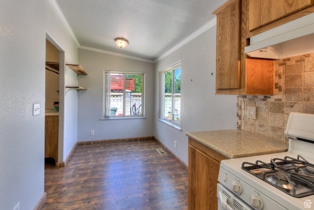 466 W Wingate Ave, Moab, UT 84532 - kitchen with white gas stove, brown cabinets, ornamental molding, under cabinet range hood, and dark wood-style flooring