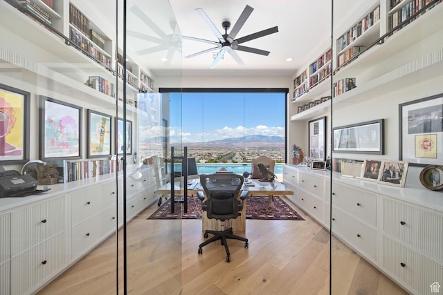 3089 E Banded Hills Dr, St George, UT 84790 - home office featuring light wood-type flooring, a ceiling fan, recessed lighting, and a mountain view