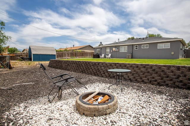4586 W 4925 S, Kearns, UT 84118 - fenced backyard with an outdoor fire pit and a storage shed