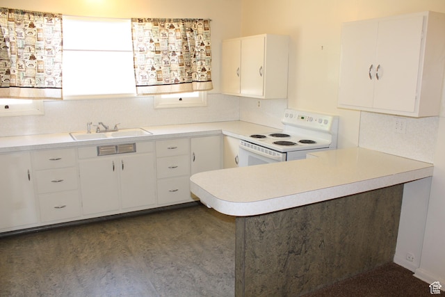 2342 S Van Buren Ave E, Ogden, UT 84403 - kitchen featuring white electric range oven, light countertops, white cabinetry, a peninsula, and dark wood-style floors