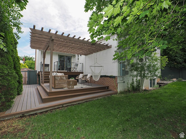 2512 E Redondo Ave S, Salt Lake City, UT 84108 - wooden terrace featuring a pergola, a lawn, and a storage shed