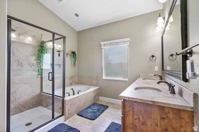 998 W 950 N, Orem, UT 84057 - full bathroom featuring a bath, a shower stall, double vanity, lofted ceiling, and tile patterned floors