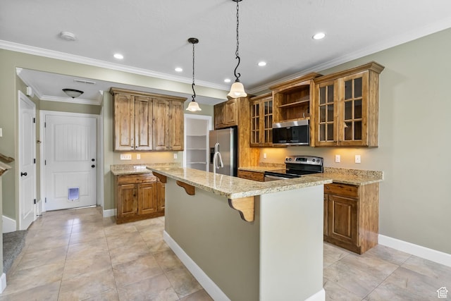 998 W 950 N, Orem, UT 84057 - kitchen with stainless steel appliances, brown cabinets, a kitchen island with sink, a breakfast bar, and ornamental molding