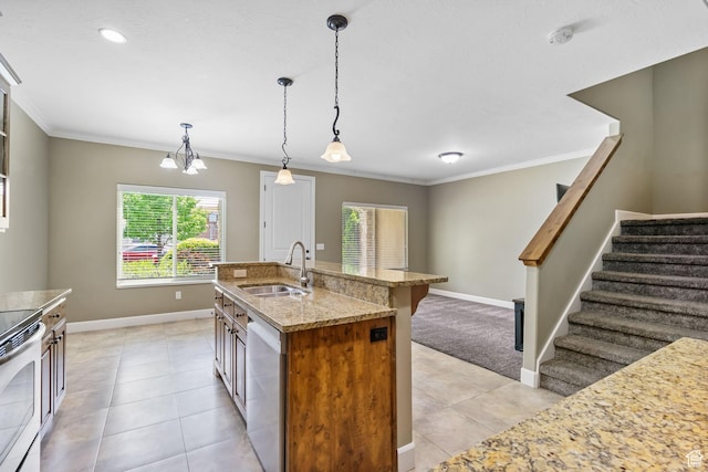 998 W 950 N, Orem, UT 84057 - kitchen featuring dishwasher, stainless steel range with electric stovetop, ornamental molding, light stone counters, and light tile patterned flooring