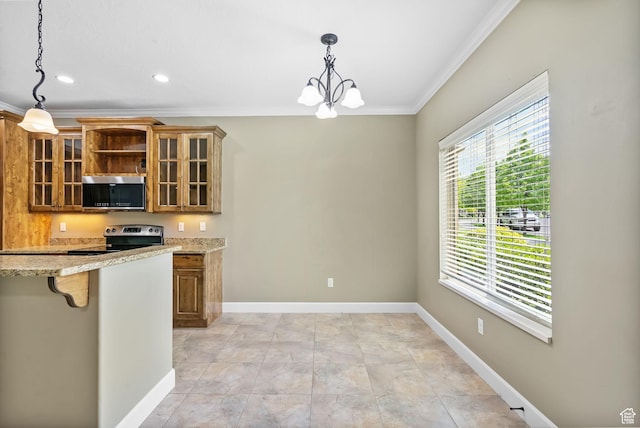 998 W 950 N, Orem, UT 84057 - kitchen with range with electric cooktop, stainless steel microwave, ornamental molding, a chandelier, and brown cabinetry