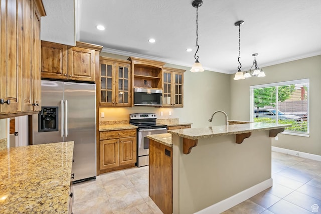998 W 950 N, Orem, UT 84057 - kitchen with appliances with stainless steel finishes, brown cabinets, ornamental molding, a breakfast bar, and light tile patterned flooring