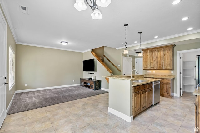 998 W 950 N, Orem, UT 84057 - kitchen featuring stainless steel appliances, crown molding, light carpet, a kitchen island with sink, and light stone countertops