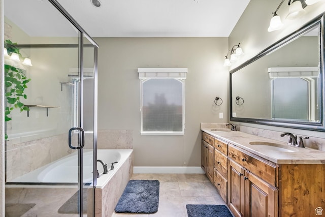 998 W 950 N, Orem, UT 84057 - full bathroom featuring a bath, double vanity, a shower stall, and tile patterned flooring