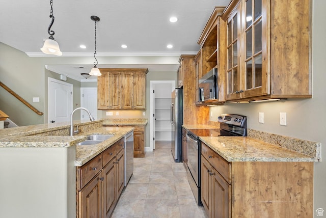 998 W 950 N, Orem, UT 84057 - kitchen featuring appliances with stainless steel finishes, crown molding, an island with sink, glass insert cabinets, and light stone counters
