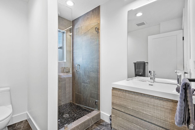 615 E 100 S Unit 1, Salt Lake City, UT 84102 - bathroom featuring a stall shower, vanity, recessed lighting, and marble finish floors