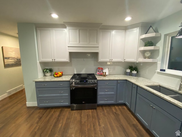 1740 N 1400 W, Provo, UT 84604 - kitchen featuring stainless steel gas stove, gray cabinetry, white cabinetry, light stone countertops, and recessed lighting
