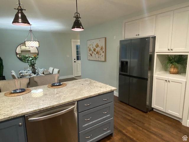 1740 N 1400 W, Provo, UT 84604 - kitchen featuring appliances with stainless steel finishes, gray cabinetry, white cabinets, dark wood-style flooring, and hanging light fixtures