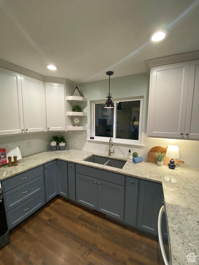 1740 N 1400 W, Provo, UT 84604 - kitchen featuring dark wood-style floors, white cabinetry, open shelves, light stone countertops, and recessed lighting