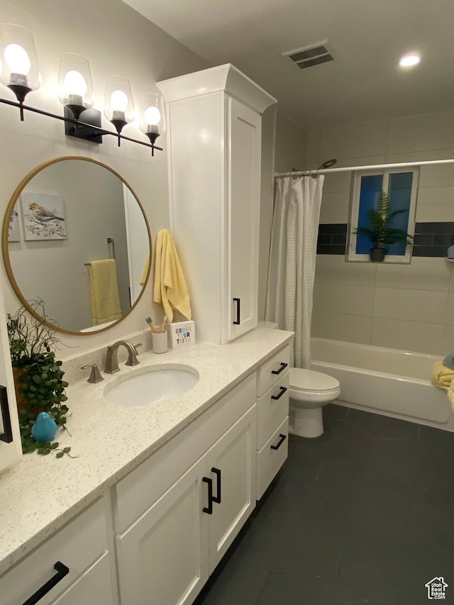1740 N 1400 W, Provo, UT 84604 - bathroom featuring vanity, shower / bathtub combination with curtain, tile patterned floors, and recessed lighting