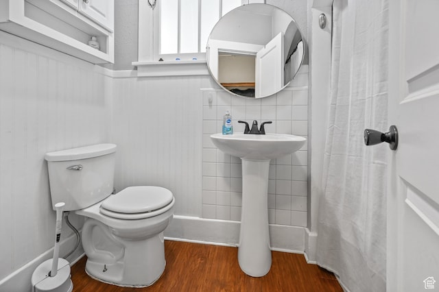 331 Chateau Thierry St, Soda Springs, ID 83276 - full bathroom with wood finished floors, wainscoting, and a shower with shower curtain