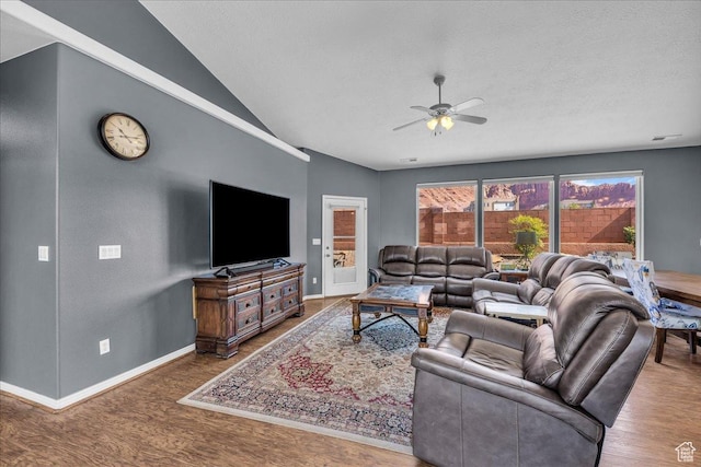 329 E 20 S, Ivins, UT 84738 - living area featuring ceiling fan, wood finished floors, vaulted ceiling, and a textured ceiling
