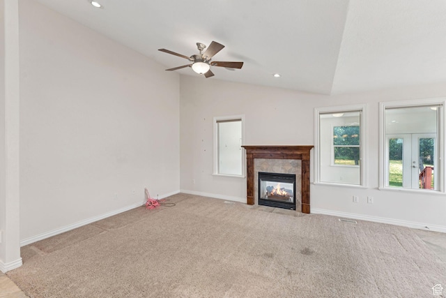 2828 W Gentile St, Layton, UT 84041 - unfurnished living room with carpet flooring, lofted ceiling, a ceiling fan, a fireplace, and recessed lighting