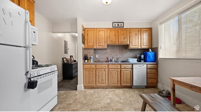 509 E 800 S, Salt Lake City, UT 84102 - kitchen with white appliances, backsplash, light countertops, and electric panel