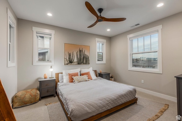 11721 N Shoreline Dr, Hideout, UT 84036 - bedroom with recessed lighting, light carpet, and a ceiling fan