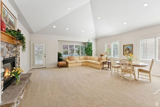1369 E Farm Dr, Murray, UT 84117 - living room featuring carpet, a fireplace, high vaulted ceiling, and recessed lighting