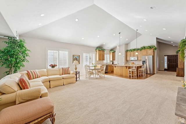 1369 E Farm Dr, Murray, UT 84117 - living area with light colored carpet, high vaulted ceiling, and recessed lighting