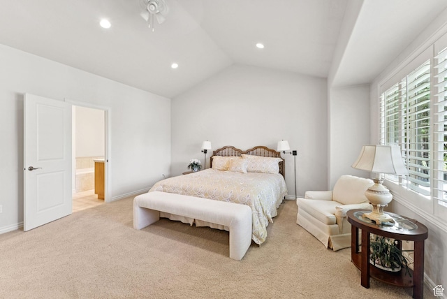 1369 E Farm Dr, Murray, UT 84117 - bedroom featuring multiple windows, light carpet, recessed lighting, lofted ceiling, and connected bathroom