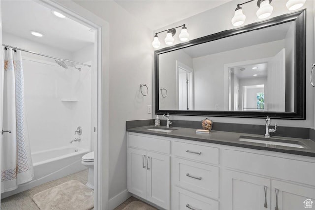 6221 W Applecross Cir, Highland, UT 84003 - bathroom featuring double vanity, shower / bath combo with shower curtain, tile patterned floors, and recessed lighting