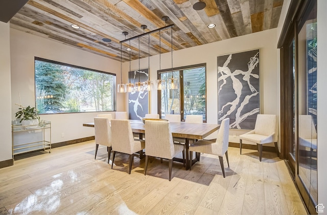 4896 Last Stand Dr, Snyderville, UT 84098 - dining space with wood ceiling, a chandelier, light wood-type flooring, and recessed lighting