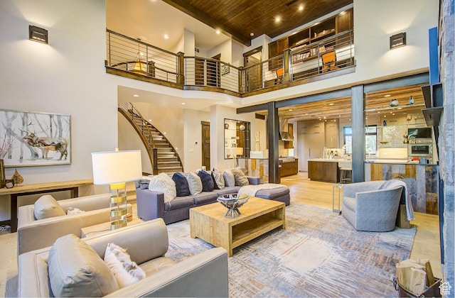 4896 Last Stand Dr, Snyderville, UT 84098 - community lobby featuring wooden ceiling, a high ceiling, stairs, and recessed lighting
